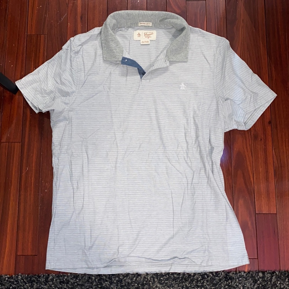 Original Penguin grey striped polo shirt.